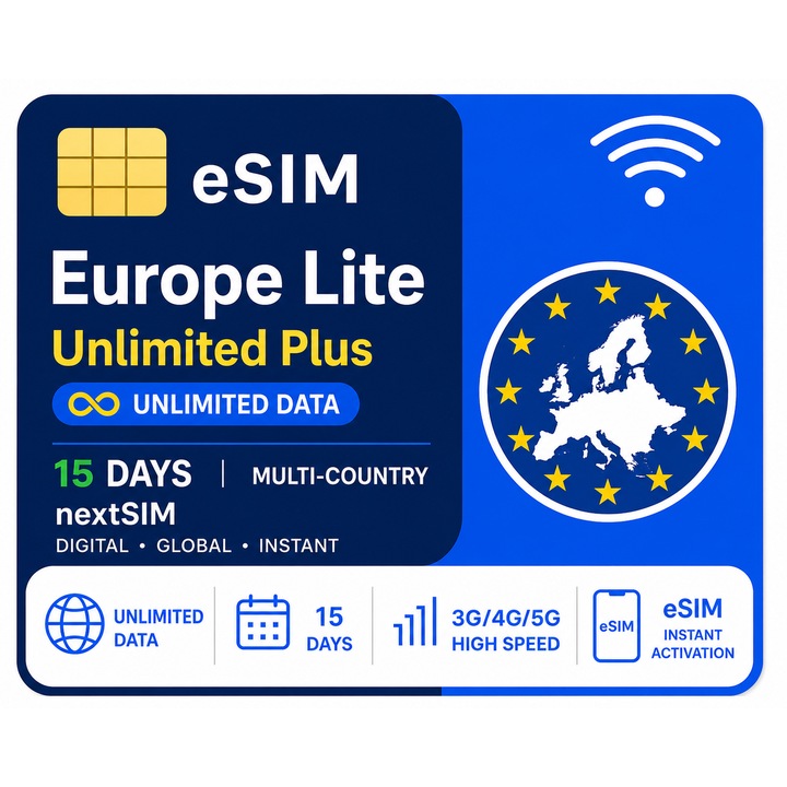 Cartela Pre-paid NextSIM eSIM Europa Lite, Date Mobile Nelimitate 15 Zile, Activare Instanta, 3G/4G/5G, Fara Contract