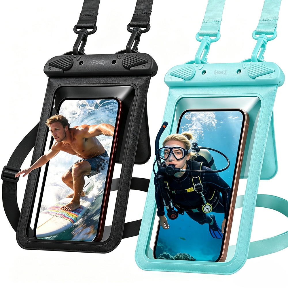 Set 2 Husa Subacvatica Telefon, Husa Subacvatica Waterproof cu Buzunar Dublu, MOGU, Potrivita Simultan pentru Telefon, Casti, Chei, Protectie Subacvatica, Ecran Tactil Sensibil, Snur Inclus, Compatibila iPhone/Samsung (pana la 8, 8 inci), PVC, Negru+Verde
