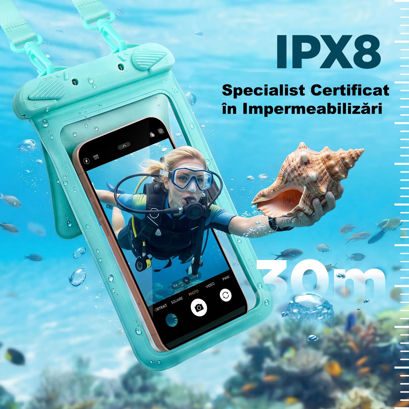 Set 2 Husa Subacvatica Telefon, Husa Subacvatica Waterproof cu Buzunar Dublu, MOGU, Potrivita Simultan pentru Telefon, Casti, Chei, Protectie Subacvatica, Ecran Tactil Sensibil, Snur Inclus, Compatibila iPhone/Samsung (pana la 8, 8 inci), PVC, Negru+Verde