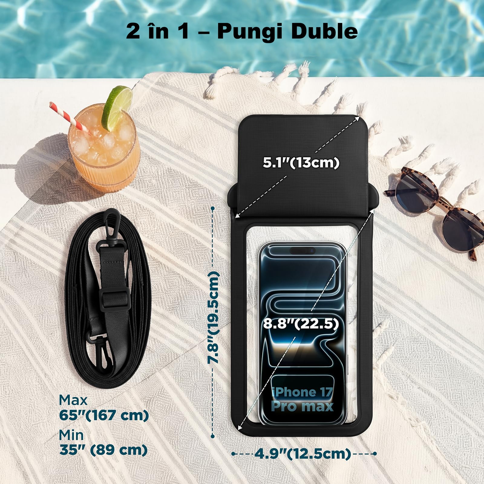Set 2 Husa Subacvatica Telefon, Husa Subacvatica Waterproof cu Buzunar Dublu, MOGU, Potrivita Simultan pentru Telefon, Casti, Chei, Protectie Subacvatica, Ecran Tactil Sensibil, Snur Inclus, Compatibila iPhone/Samsung (pana la 8, 8 inci), PVC, Negru+Verde