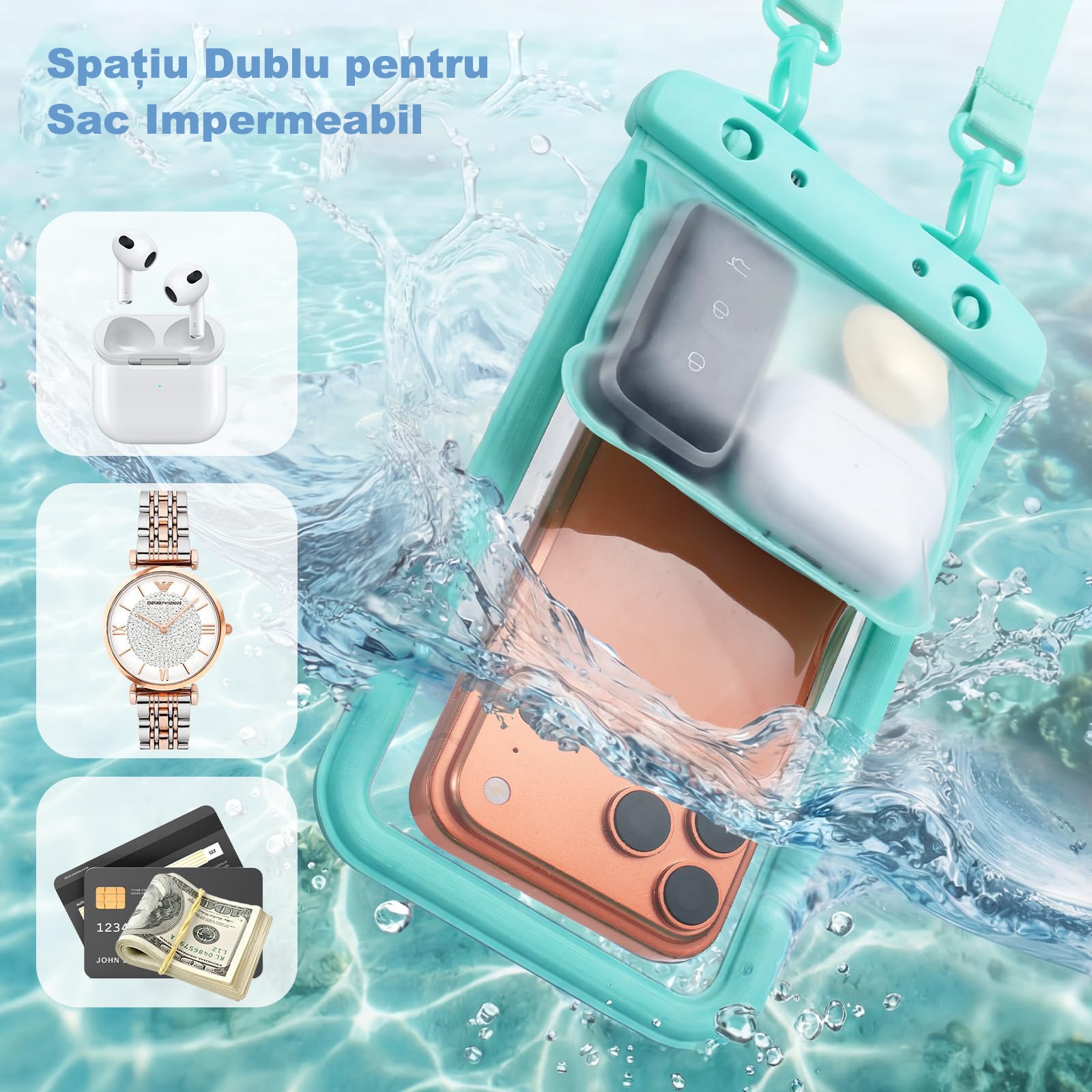 Set 2 Husa Subacvatica Telefon, Husa Subacvatica Waterproof cu Buzunar Dublu, MOGU, Potrivita Simultan pentru Telefon, Casti, Chei, Protectie Subacvatica, Ecran Tactil Sensibil, Snur Inclus, Compatibila iPhone/Samsung (pana la 8, 8 inci), PVC, Negru+Verde