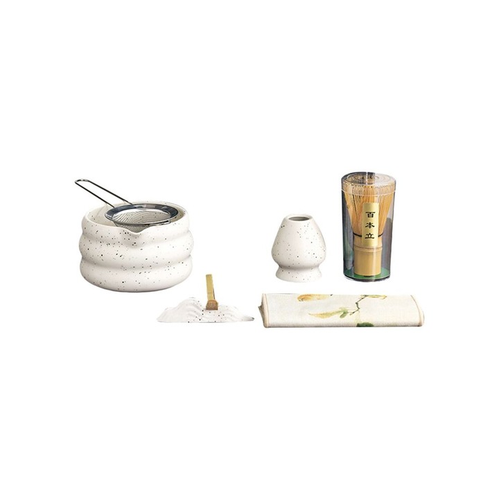 Set accesorii ceai matcha, bol ceramic, bambus, 7 piese, alb
