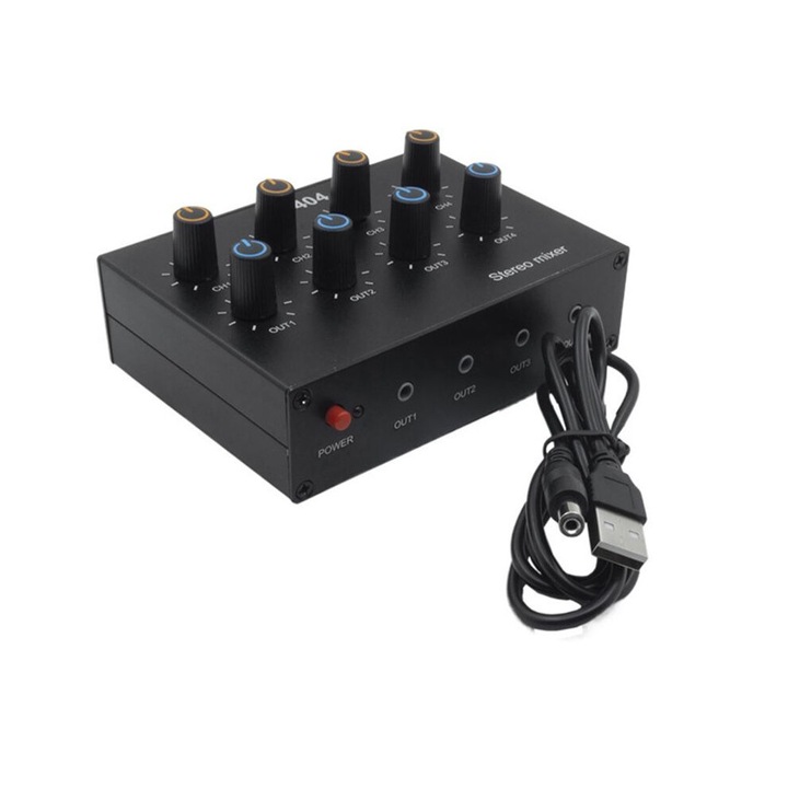 Sztereó audio keverő, 4 bemenet 4 kimenet, fekete, fém, 5V-12V