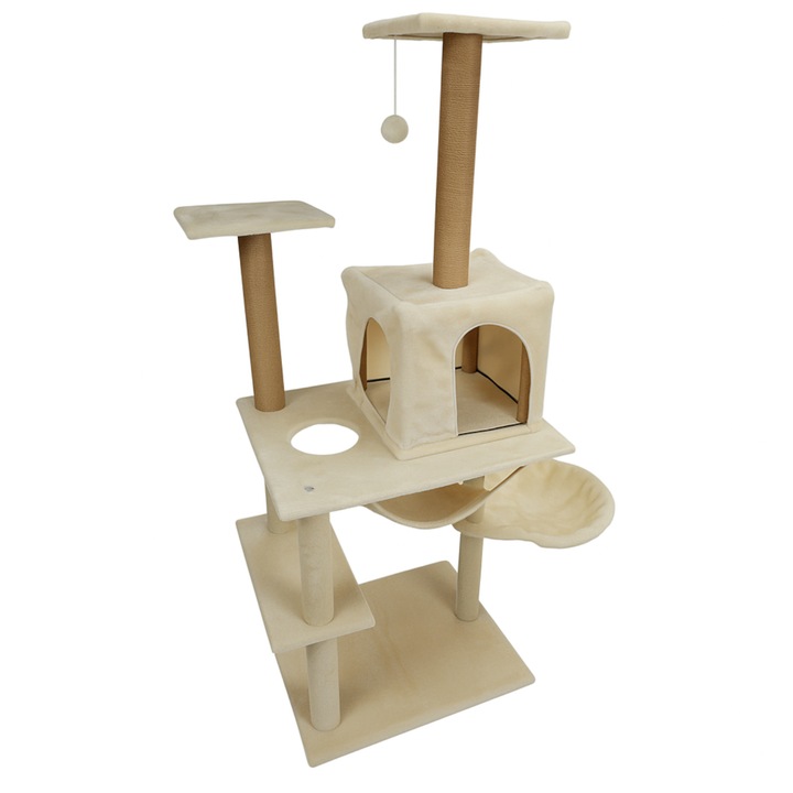 Ansamblu de joaca pentru pisici BEGRYF, crem, 133x93x49 cm, cu hamac si casa, multifunctional