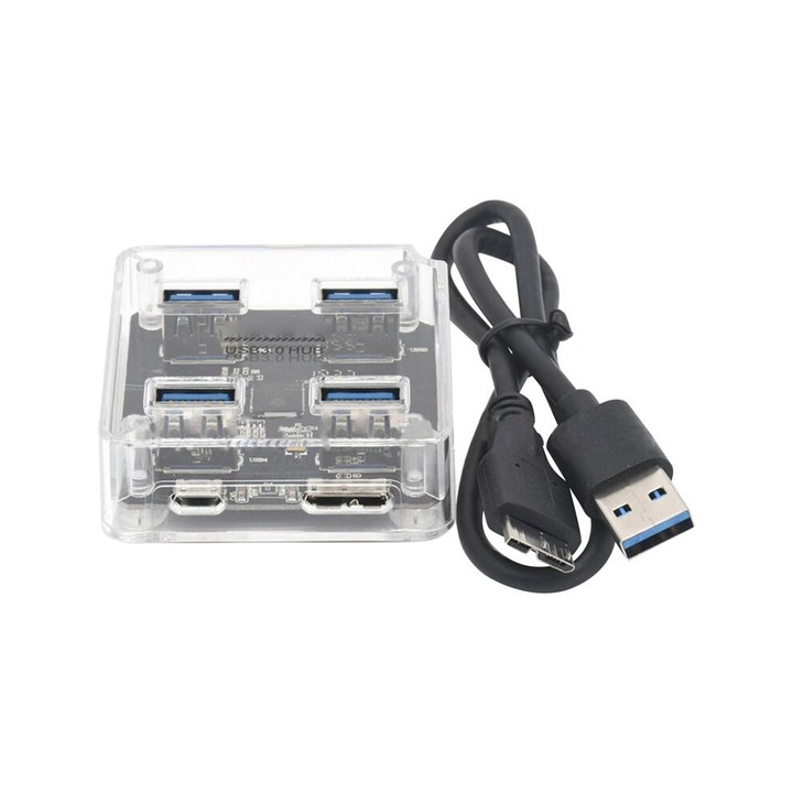 USB 3.0 elosztó, 4 portos, átlátszó, 50cm kábel
