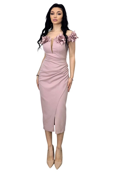 Rochie midi bodycon, SEVRIA, tip off-shoulder si detalii florale, Roz