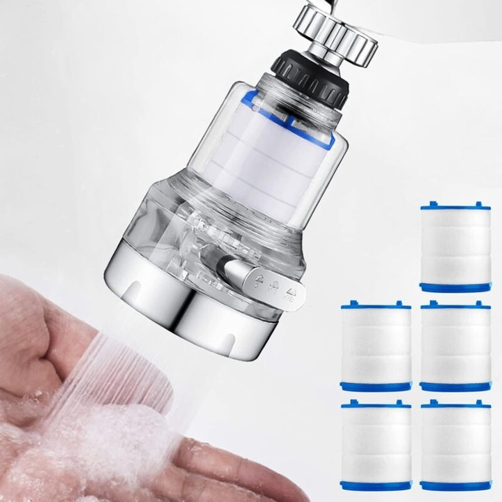 Filtru apa robinet, 3 moduri, rotire 360°, transparent, universal