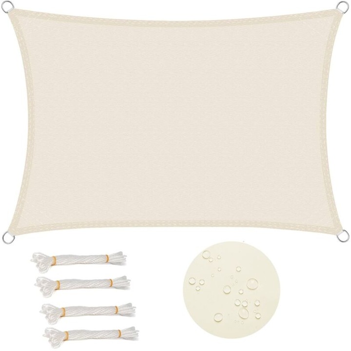 Panza de umbra dreptunghiulara, 3x5m, rezistenta la apa, protectie UV 93%, cu inele din otel inoxidabil, bej