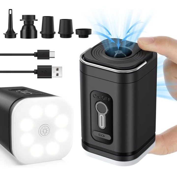 Többfunkciós 3 az 1-ben légpumpa, kompakt, állítható fény, USB-C, 700mAh, 4000Pa, 200L/perc
