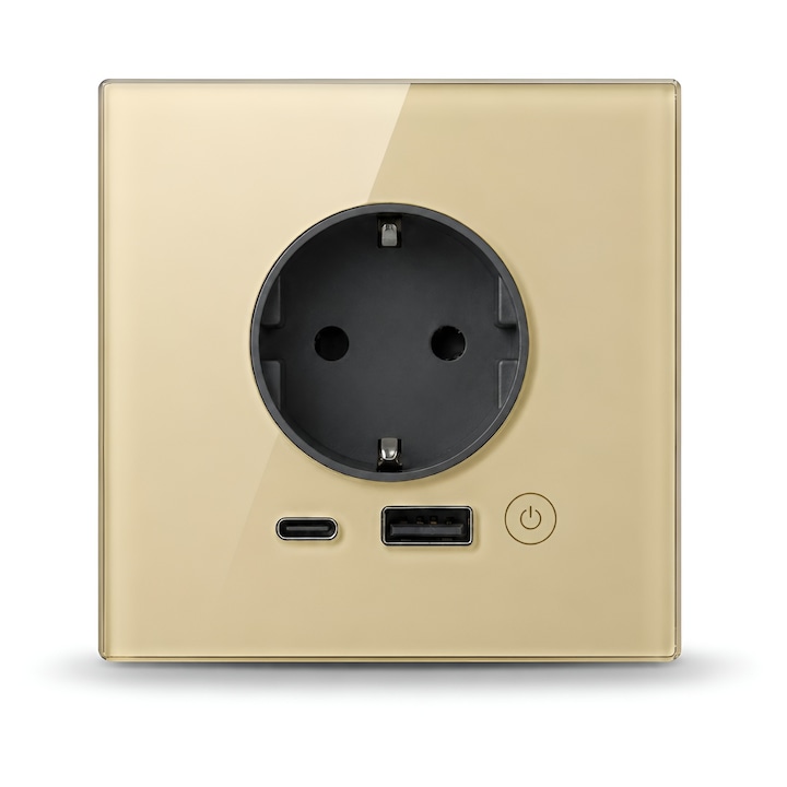 Смарт контакт за стена, Wi-Fi, 2 x USB и Type-C порта, Бързо зареждане 70W, Гласов контрол с Alexa и Google Assistant, Програмиране, ЕС стандарт, Златист
