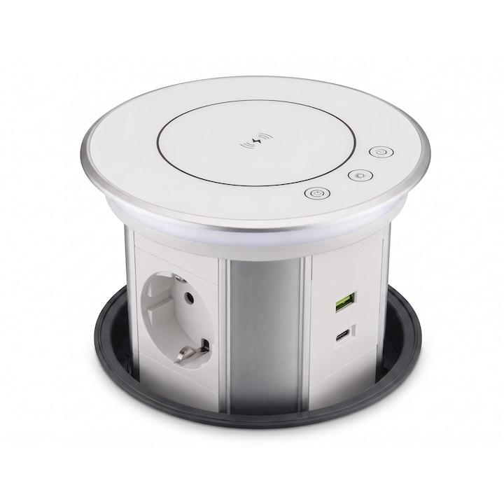 Вграден електрически контакт, Smart Wi-Fi, Безжично зареждане 15W на капака, 3 x Schuko, USB-A и Type-C, Tuya, Smart Life, Защита от вода IP56, Алуминий, Бял