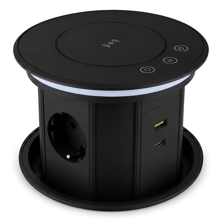 Вграден електрически контакт, Smart Wi-Fi, Безжично зареждане 15W на капака, 3 x Schuko, USB-A и Type-C, Tuya, Smart Life, Защита от вода IP56, Алуминий, Черен
