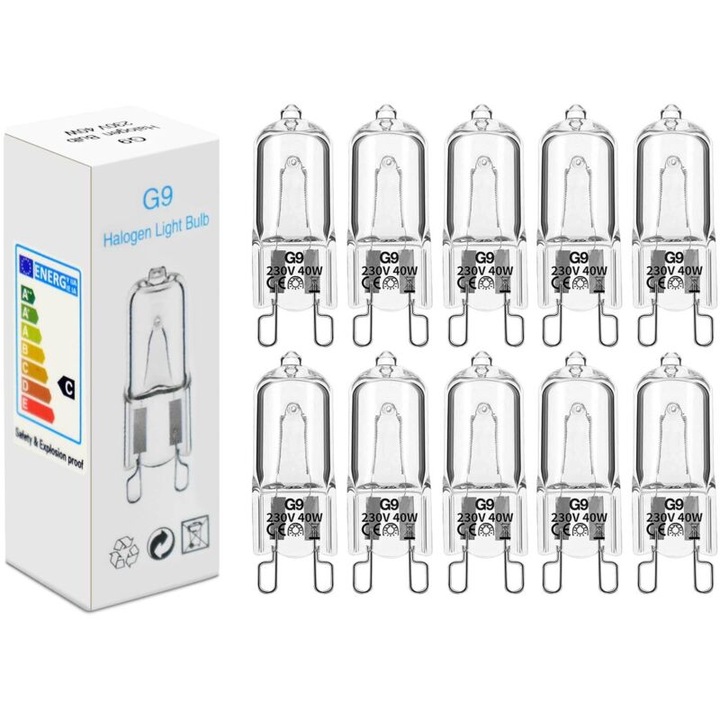 10 db G9 halogén izzó készlet, 40W, 2900K, meleg fehér, 14x42mm