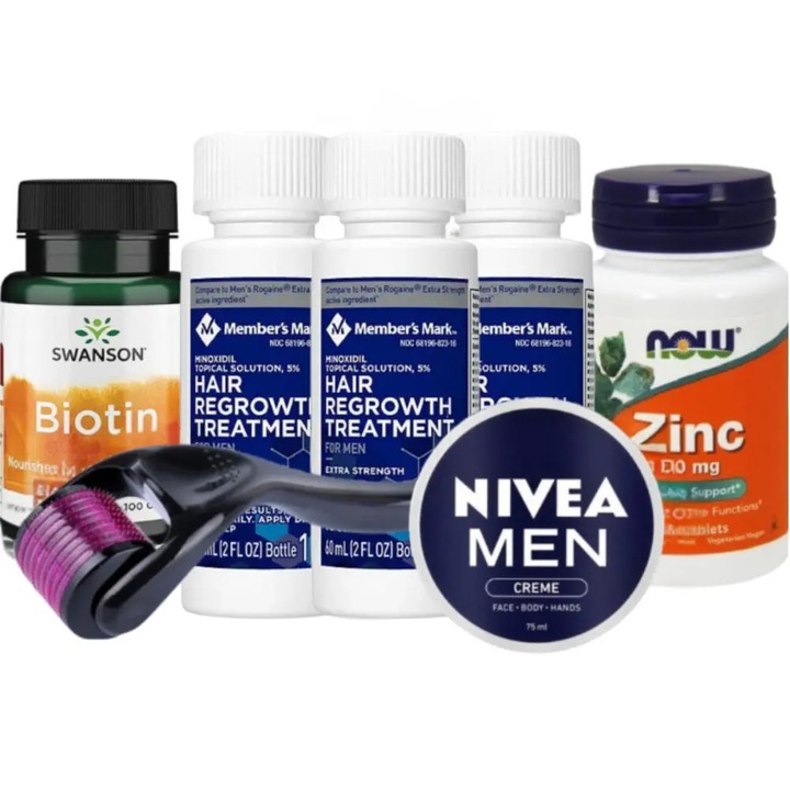 Set Complet Pentru Cresterea Parului si a Barbii, Member's Mark 3 Luni Aplicare, Zinc, Biotin, Nivea Crema Hidratanta, Dermaroller 0.5 mm, Pipeta Originala