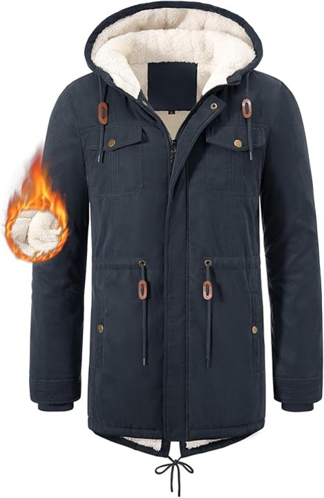 Geaca de Iarna Barbati Parka, Captusita cu Fleece Gros, Gluga, Rezistenta la Vant, Buzunare Multiple, Bleumarin, Marimea L