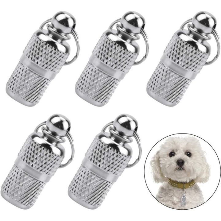 Set 5 medalioane animale de companie, aluminiu nichelat, eticheta nume, argintiu, 2x1cm