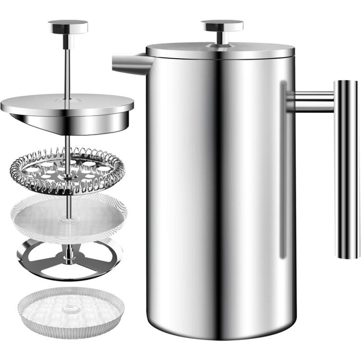 French Press kávéfőző, 1L, rozsdamentes acél, hőszigetelés, dupla szűrő, ezüst
