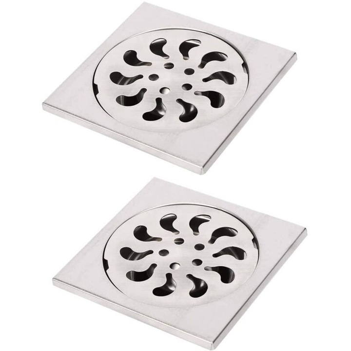 Set 2 scurgeri podea inox, patrat, 9x9x3cm, filtru par