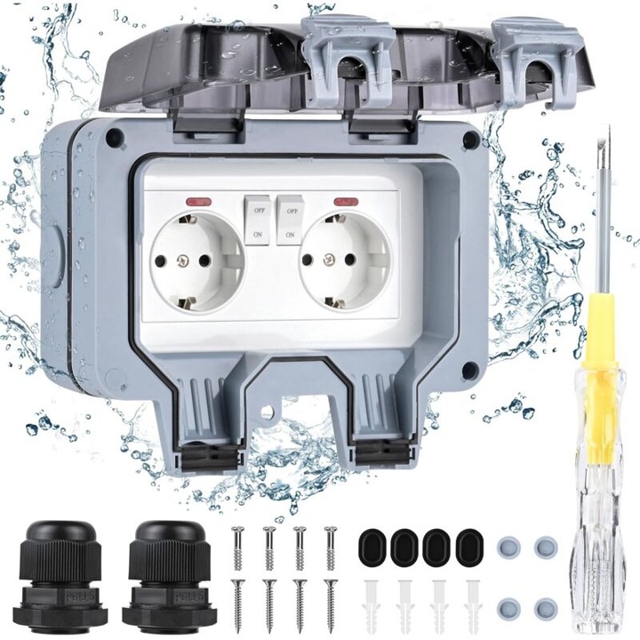 Priza de perete rezistenta la apa IP66, 2 prize, protectie cu capac, dimensiuni standard