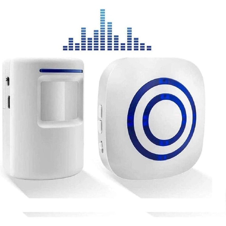 Sonerie wireless cu receptor si detector miscare PIR, 38 tonuri, alb, 70x7m