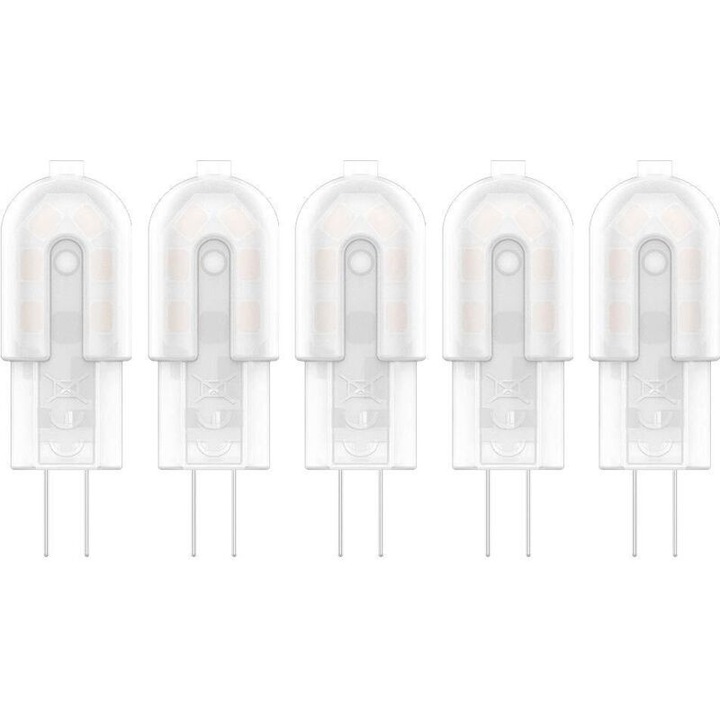 5 db G4 LED izzó készlet, 2W, meleg fehér, 12x2835 SMD, 12V, műanyag, 200lm