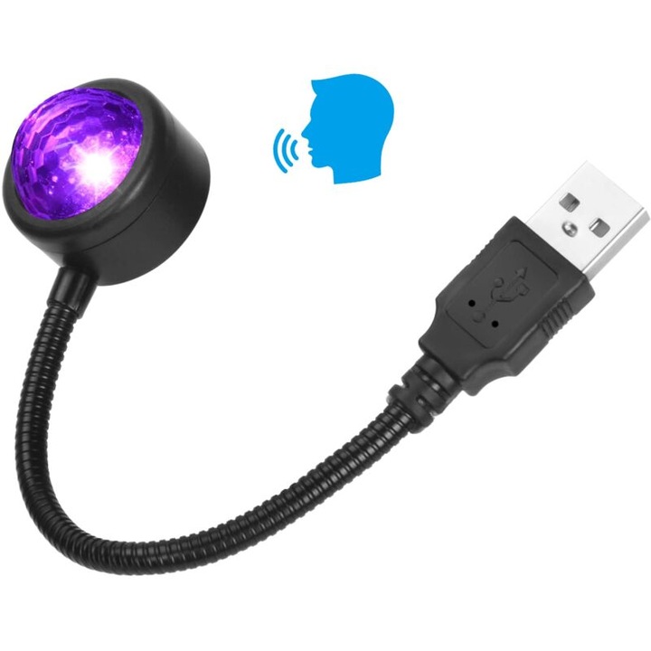 Lumina LED interior auto mini, 4 culori, 9 moduri, control vocal, USB, multicolor
