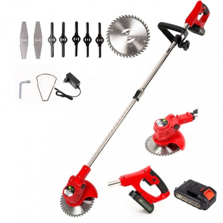 Trimmer electric, acumulator 48V, 1500 W, tija extensibila, rotire 180 de grade, Rosu