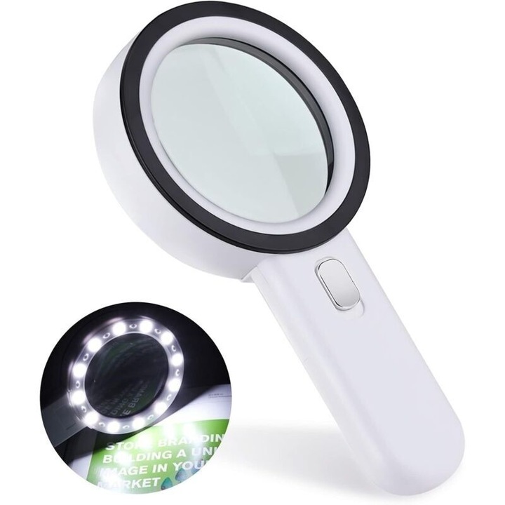 Olvasónagyító, 30X, 12 LED-del megvilágított, 80mm méretű, fekete