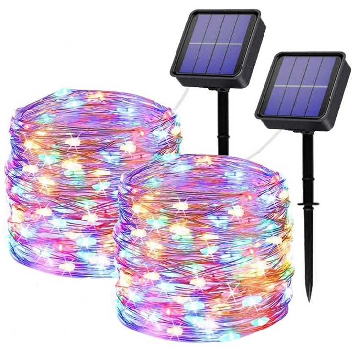Instalatie luminoasa solara 2x22m 200 LED multicolor rezistenta apa IP65