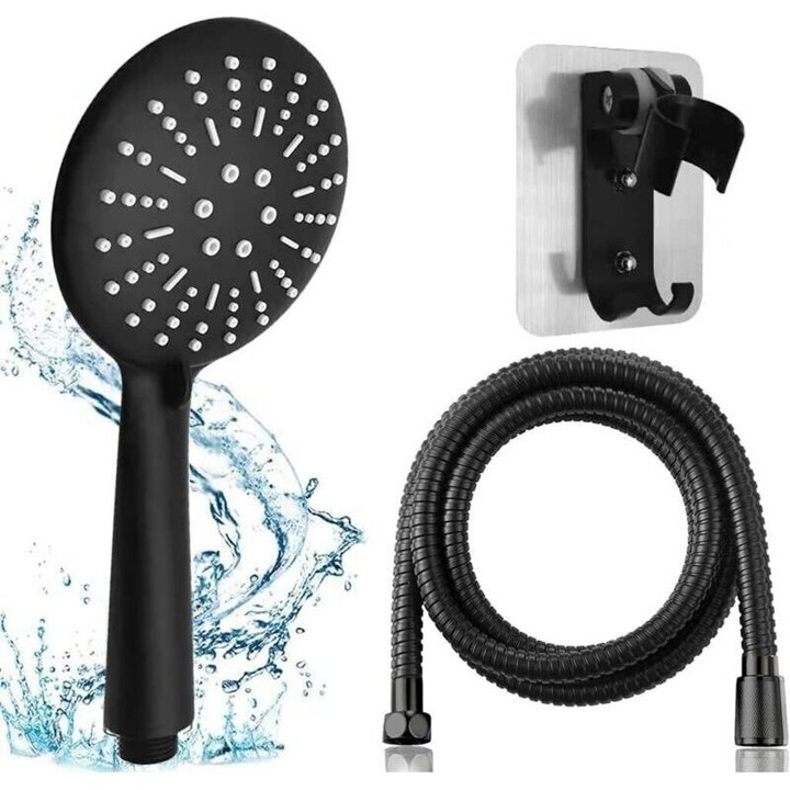 Set cap de dus negru, 3 functii, furtun 1.5m, 12cm diametru