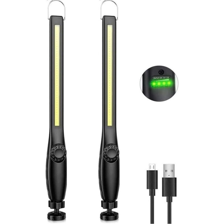 COB LED munkalámpa, újratölthető, 2 darabos szett, fényerő 10-600 lumen, 2200 mAh akkumulátor, fekete