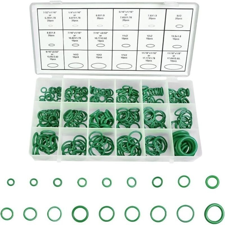 Set 270 garnituri O-ring cauciuc NBR butil, rezistente ulei si temperaturi, 18 dimensiuni, cutie depozitare transparenta