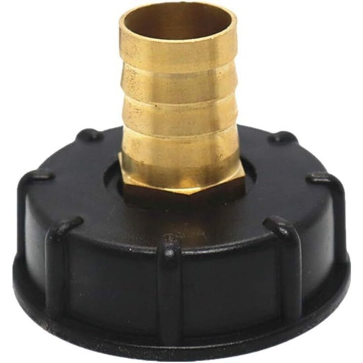 IBC tartály adapter DN60 20mm, 1000L-es tartályhoz, PP műanyagból és sárgarézből, sav- és lúgálló, 60mm-es menettel kompatibilis a DN40/DN50 szeleppel, fekete/sárgaréz, 1 db