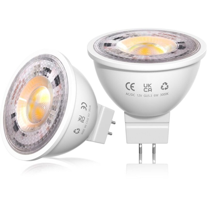 MR16 LED izzók, 12V, 6W, meleg fehér, GU5.3, 2 db-os szett