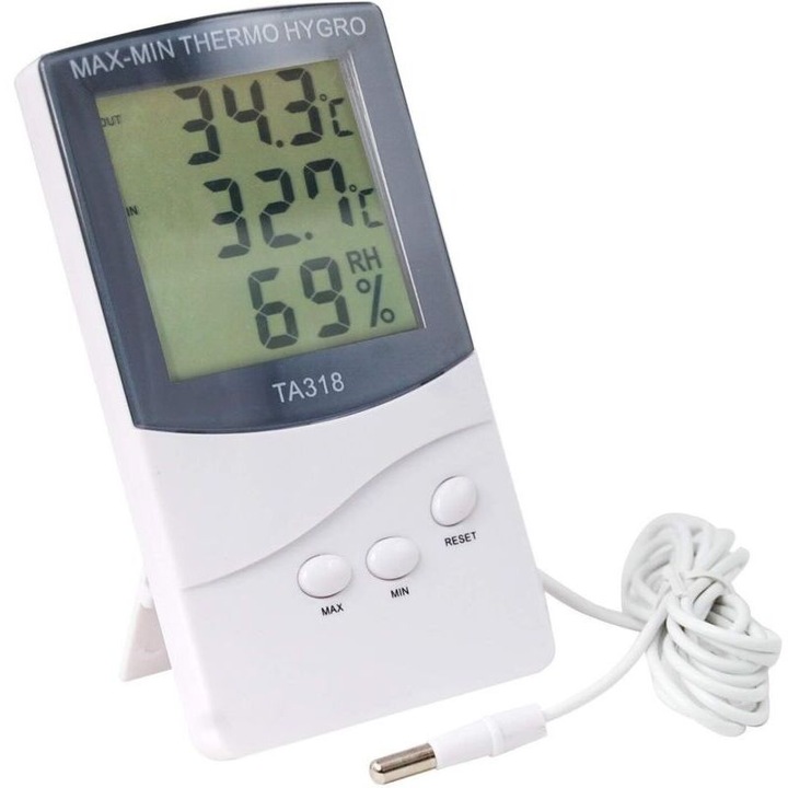 Termometru digital cu 2 senzori, interior-exterior, afisaj temperatura, alarma, montare agatata