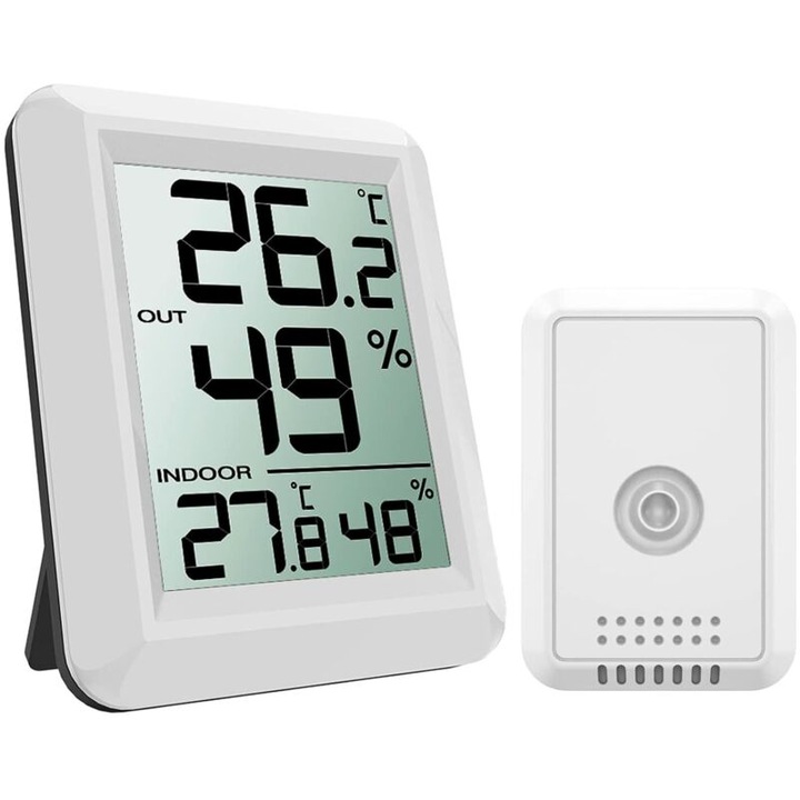 Termometru higrometru digital interior exterior, ecran LCD mare, alb, portabil