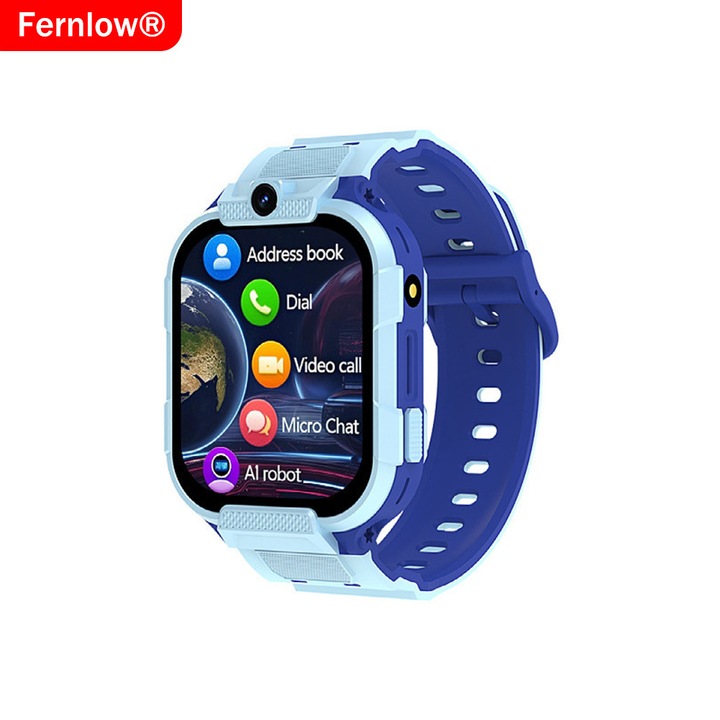 Okosóra gyerekeknek, 4G, GPS, Fernlow®, HD videóhívás, SOS gomb, Kémfigyelés, Super TFT 2.01", SIM foglalat, Pontos GPS+LBS helymeghatározás, Wi-Fi, Bluetooth, HD fotó, Kompatibilis Android IOS, Kék