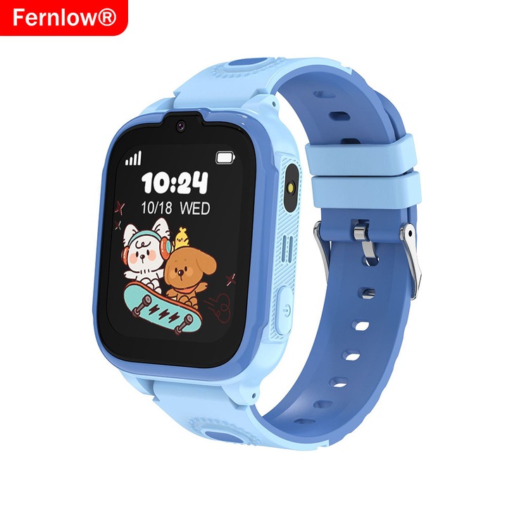 Okosóra gyerekeknek, 4G, GPS, Fernlow®, HD videóhívás, SOS gomb, Kémfigyelés, 7 oktató játék, Szuper TFT 1.83", SIM foglalat, Pontos GPS+LBS helymeghatározás, Wi-Fi, Bluetooth, HD fotó, Android IOS kompatibilis, Kék