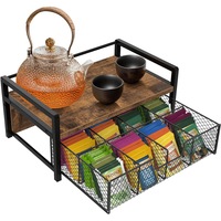 Cutie depozitare ceai, AFKSMILE, Organizator pentru cafea si ceai, Sertar culisant, 8 compartimente, Rezistent la rugina, Economie de spatiu, Protectie impotriva coroziunii, Pentru birou sau acasa, Lemn/Fier, 33*20*15cm, Maro
