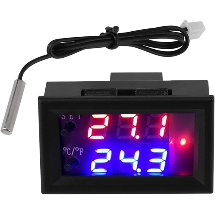 Univerzális digitális termosztát 12V, érzékelővel, 87.5x60x52mm, kábel 20cm