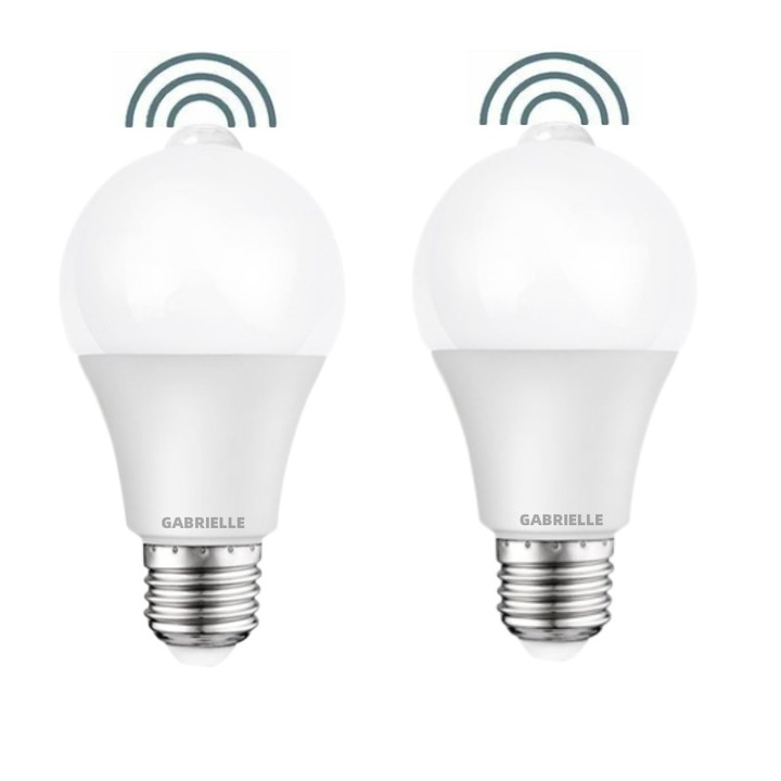 Пакет от 2 LED крушки със сензор за движение PIR, цокъл E27, 12W, 1000 лумена (еквивалент на 100 вата), 220V, студено бяла светлина 6000K, крушки за охранително осветление