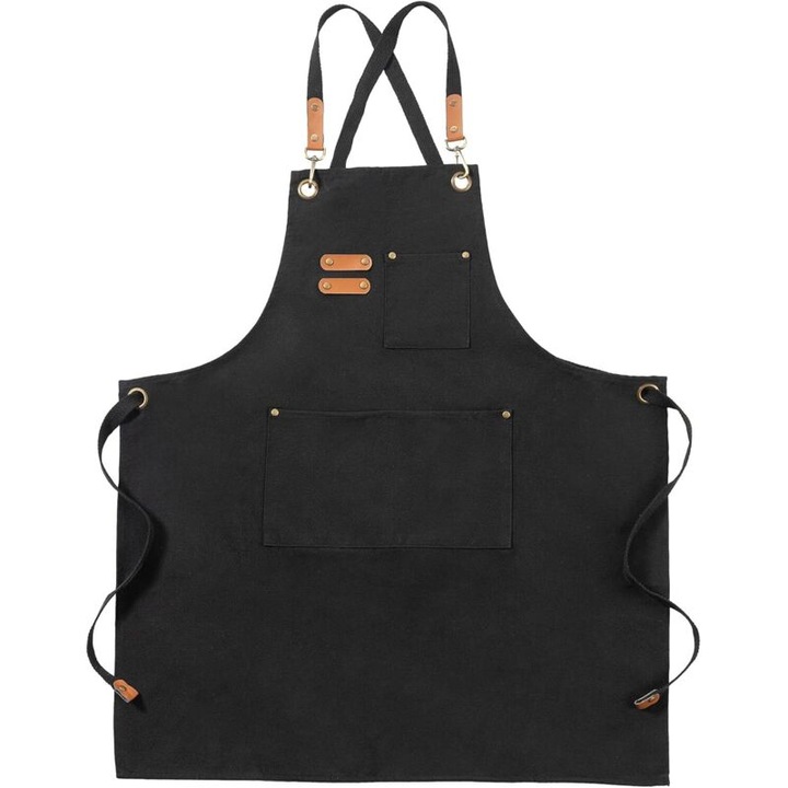 Sort de lucru unisex, bumbac gros negru, 3 buzunare, curea ajustabila