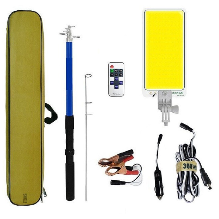 Proiector Tip Lampa Led Telescopica SIKS Pentru Camping/Pescuit/Vanatoare Tip Undita, Inaltime Pana la 4.5 Metri Reglabila, Panou COB 45W, 4500 lm, Alimentare 12V Bricheta/Baterie Auto, Telecomanda, Geanta Transport Inclusa, Waterproof, Galben/Albastru