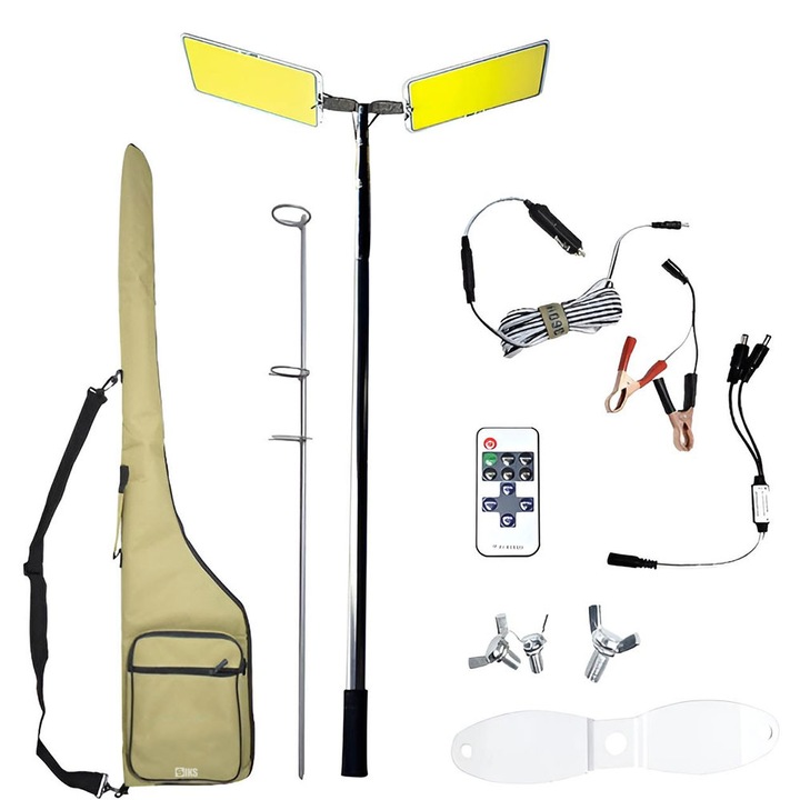 Lampa LED Telescopica Pentru Camping/Pescuit/Vanatoare SIKS Tip Undita, Inaltime Pana la 5 Metri Reglabila, Proiector Cu 2 Panouri COB Puternice, Alimentare 12V Bricheta Sau Baterie Auto, Telecomanda, Geanta Transport Inclusa, Waterproof, Argintiu