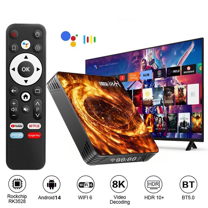 Smart TV box，SHIJOOE®，8K Ultra HD，Android 14，Procesor Quad-Core，WiFi 2.4G/5G，RAM 2GB, ROM 16GB，100M Ethernet，BT 5.0，Display digital，Voice Remote，ucurati-va cu usurinta de o vasta biblioteca de filme si emisiuni TV，Streaming HD，Youtube/Netflix suport