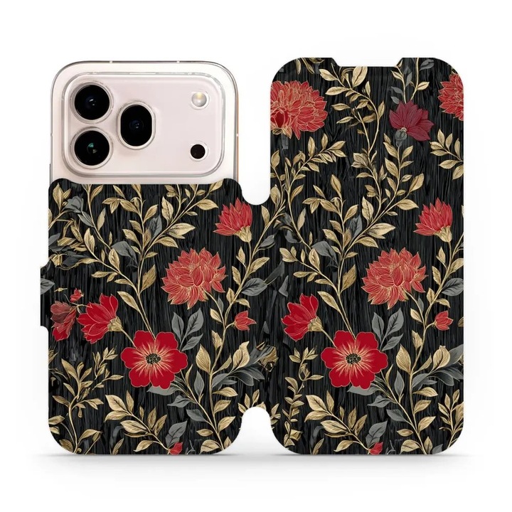 Mobiwear Flip tok Honor 600 Pro, vékony, piros virágos, 15x7x1cm