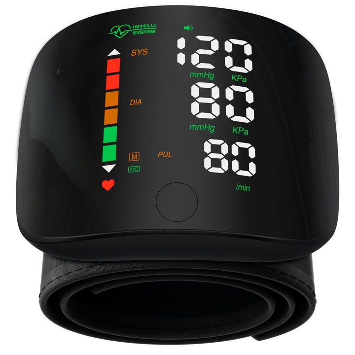 Csuklós vérnyomásmérő 809, Nagy karakteres LED kijelző, Automatikus mérés, Szabálytalan pulzus érzékelés, Klinikailag validált, Mandzsetta 22-32cm, Oszcillometrikus, 90 memória, Fekete