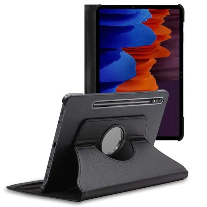 Husa tableta rotativa 360 grade, pentru Samsung Galaxy Tab S7+, piele ecologica, negru, 12.4inch
