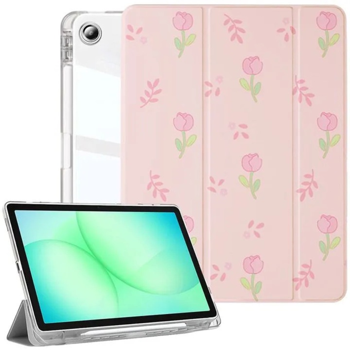 Husa tableta florala pastel, protectie antichoc, suport, 11 inch, transparent