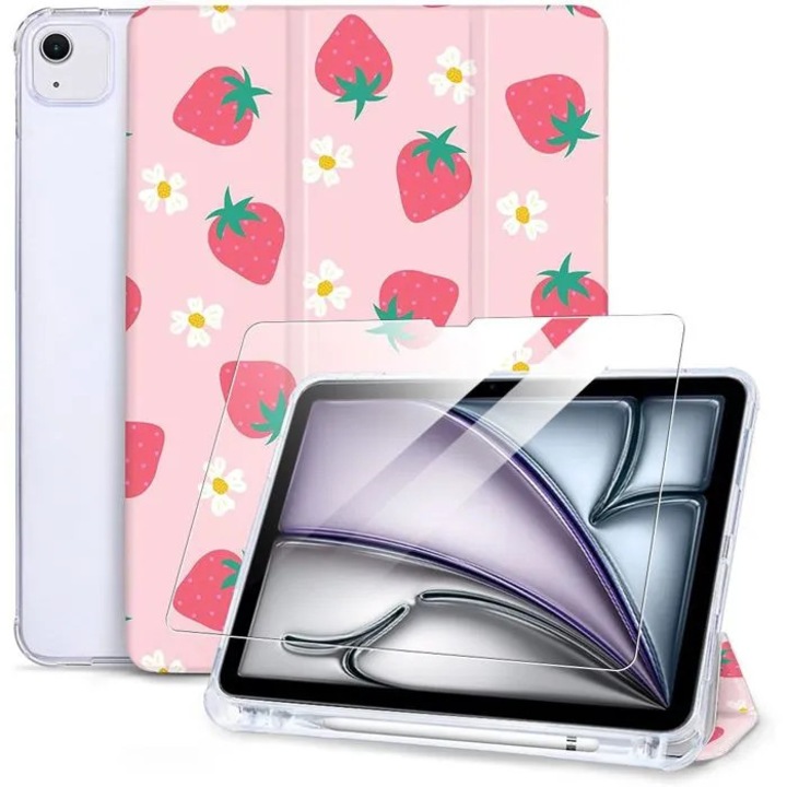 Husa tableta, model capsuni, roz, 11 inch, suport ajustabil, protectie spate transparenta, loc pentru stylus